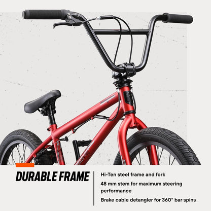 Mongoose Legion L10 Kids Freestyle Sidewalk BMX Bike, Beginner Riders, Boys and Girls, 20-inch Wheels, Hi-Ten Steel Frame, Micro Drive 25x9T BMX Gearing, Red