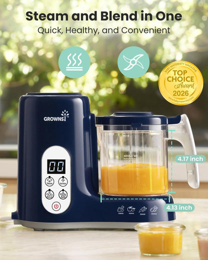 Grownsy Baby Food Maker with Steam Basket, One Step Baby Food Processor Steamer Puree Blender Grinder Mills Machine, Auto Cooking Grinding and Sterili-zing for Healthy Homemade Baby Food, Dark Blue