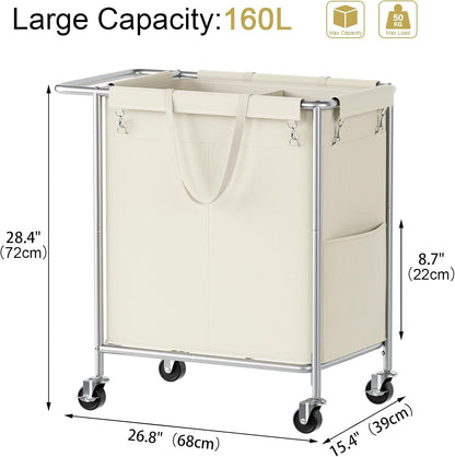 Wheels,160L 2 Chrislley Double Laundry Hamper with Rolling Laundry Basket Section,Steel Frame Laundry Cart with Handle