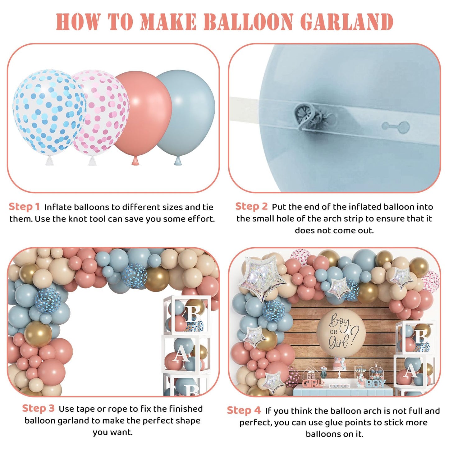 Amandir 164PCS Gender Reveal Balloon Boxes Decorations, Dusty Pink and Blue Balloon Garland Kit 4pcs Boxes with Letters (A-Z+ Baby) for Baby Shower Birthday Boy or Girl Gender Reveal Party Supplies