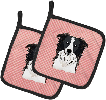 Caroline's Treasures BB1241PTHD Checkerboard Pink Border Collie Pair of Pot Holders, Kitchen Heat Resistant, 7 1/2 x 7