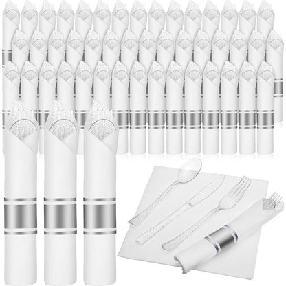 Zubebe 100 Pack Pre Rolled Silverware Set Disposable Wrapped Plastic Cutlery Set with Napkin Disposable Utensils Includes Forks Knives Spoons Napkins Wrapped for Party Dinners Wedding(Silver, White)