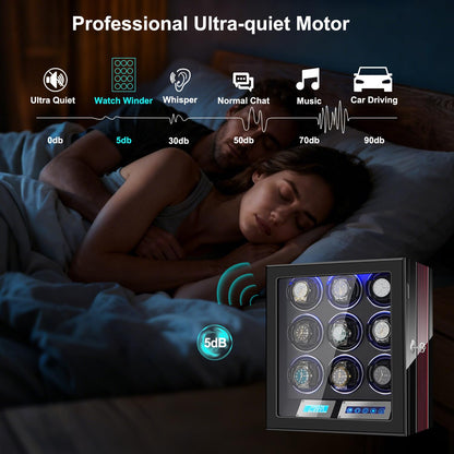 LELTNSOU Watch Winder for 9 Winding Spaces Automatic Watches, Ultra-Quiet Japanese Motors, Built-in LED Illumination and LCD Touchscreen Control
