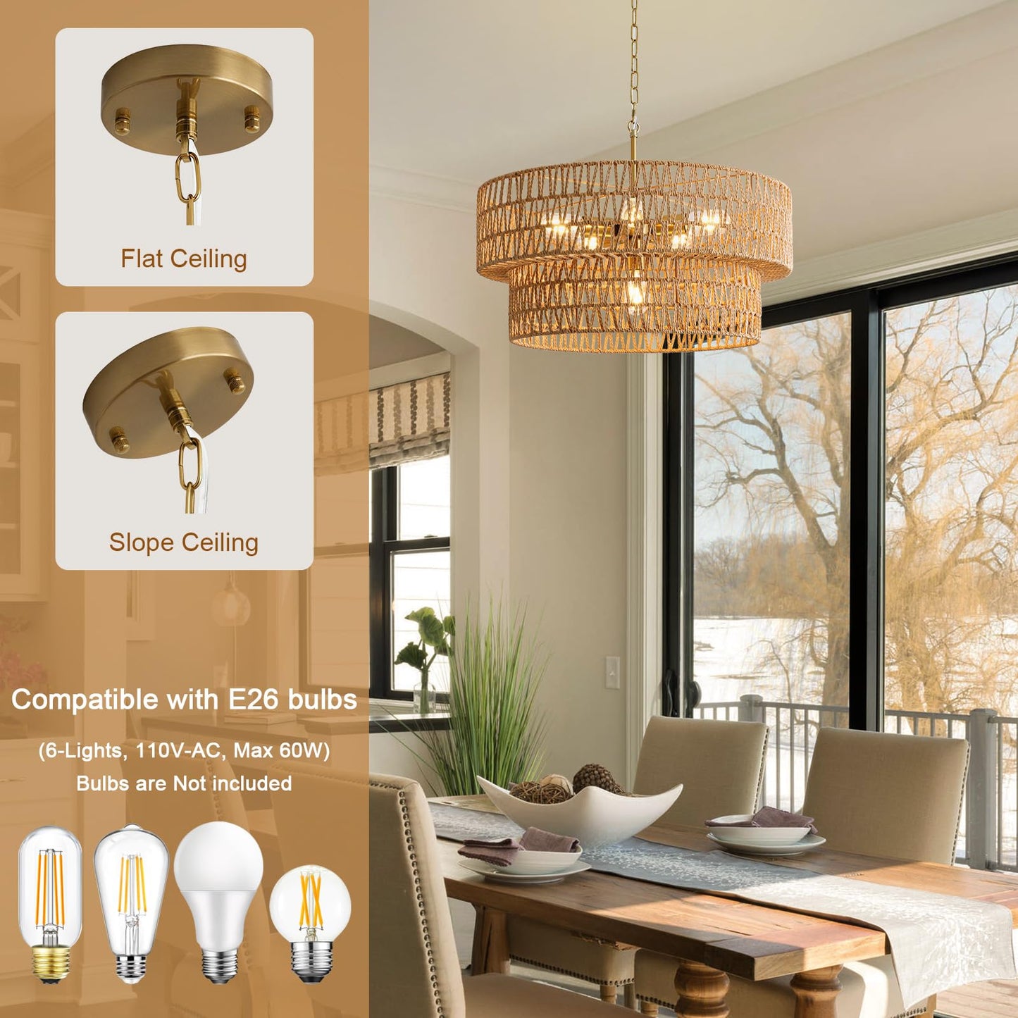 23.6" Boho Rattan Chandelier, 6-Light Large Rattan Pendant Light with 2-Tier Wicker Shade, Bohemian Farmhouse Ceiling Light Fixture Chandelier for Dining Room, Living Room, Bedroom, Kitchen Island