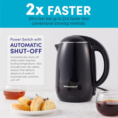 Elite Gourmet EKT1821 1.8L Double Wall Insulated Kettle, 1500W with Stainless Steel Interior, Auto Shut-Off, Black