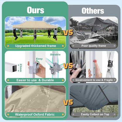 COBIZI 10x20 Canopy Tent, Heavy Duty Pop up Canopy with Sidewalls, Waterproof Easy Setup Canopy with Mosquito Netting, Outdoor Instant Screen Tents for Parties, Wedding with Roller Bag, Khaki