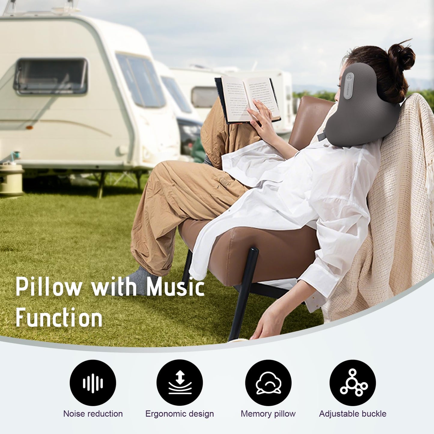 Travel Neck Pillow with Bluetooth Headset, Memory Foam Airplane Pillow for Head Support, Ergonomic Design Traveling Music Pillow for Home, Flight, Car with Adjustable Buckle and Drawstring Bag(Grey)