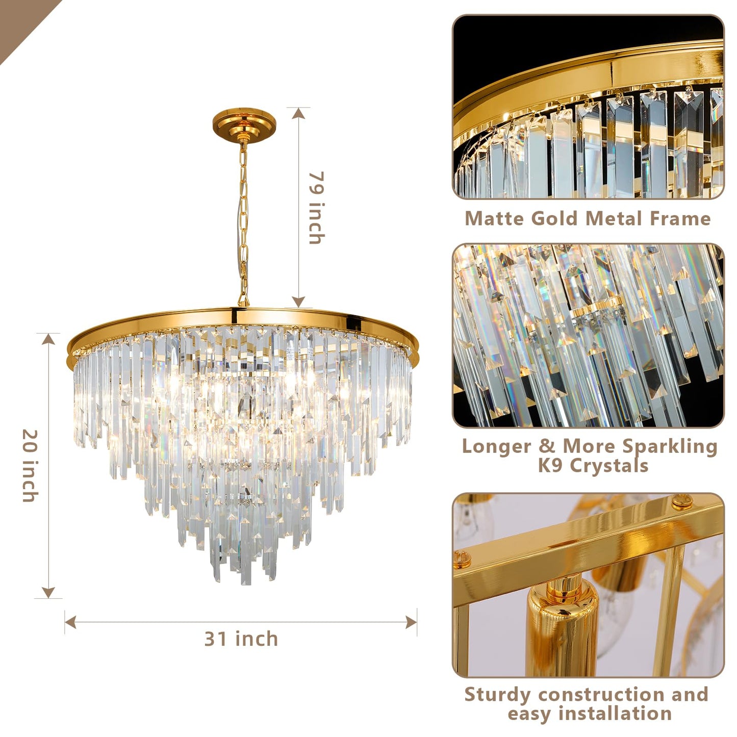 CHGUOSZ 27'' Modern Crystal Chandelier, Gold Round Ceiling Light with Clear Prisms, Luxury Flush Mount Lighting Fixture for Dining Room Bedroom Foyer
