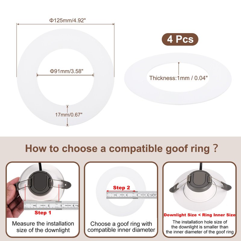 Awclub Goof Trim Ring, 4 Pack 4-Inch x 5.5-Inch (ID x OD) for Recessed Can Downlights for Ceiling Light Fixtures, Matte White, Steel Construction (for 5 Inch Recessed Lights)