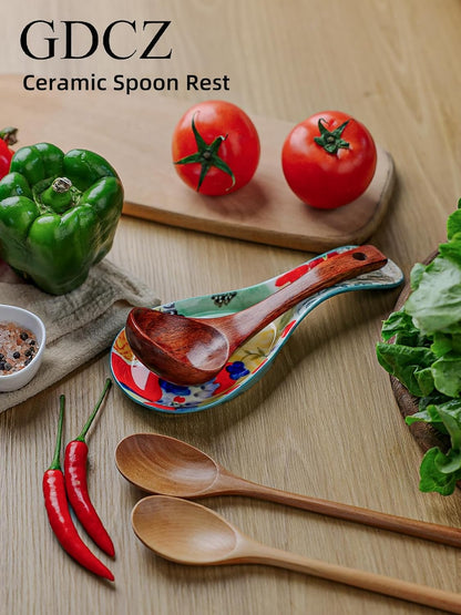 Colorful Hand Painted Spoon Rest, Ceramic Large Spoon Holder for Kitchen Counter, Dishwasher Safe, Multicolor (1 Pack)