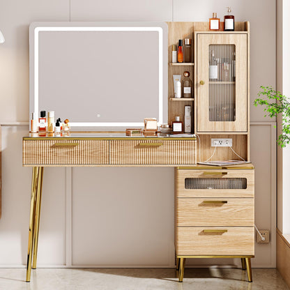 Arulvmrn Vanity Desk with Mirror and Lights, with Power Outlet and 10 Lights Modern Capacity Makeup Vanity with 3 Drawers, Makeup Table for Bedroom,Makeup Room,White