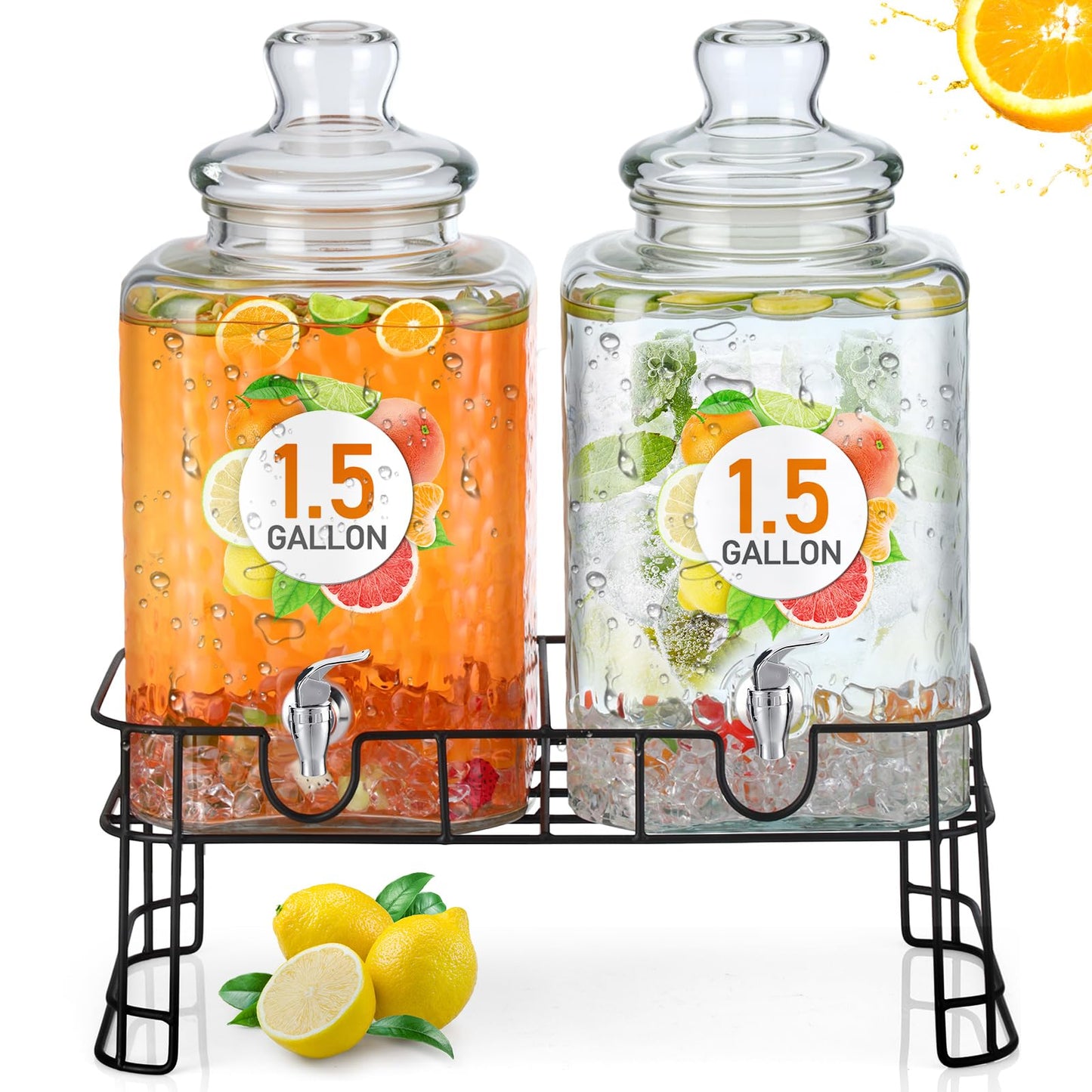 Honeydak 1.5 Gallon Glass Beverage Dispenser with Stand Stainless Steel Spigot Glass Lid Clear Iced Juice Container Leakproof Drink Dispenser Countertop Lemonade Water Jar for Wedding Party (2 Pack)