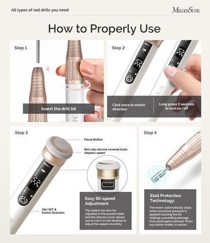 MelodySusie Professional Cordless Nail Drill SM220G Black, 30,000RPM Portable Electric Nail File, Low Noise & Low Vibration Coreless Motor, with 6 Bits & Sanding Bands Kit for Nail Salon & Home