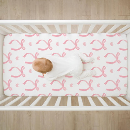 4 Pack Pink Bow Crib Sheet Set for Baby Girl, Soft Breathable Fitted Crib Sheet 28 x 52 in, Nursery Decor for Standard Crib and Toddler Bed Mattresses