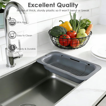 Extendable Colander Strainer Basket, Over the Sink Colander and Strainer for Kitchen, Wash Vegetables and Fruits, Drain Pasta and Dry Dishes, Adjustable Colander from 13.5In to 18.7In, Gray
