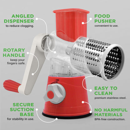Nutrichef 3 in 1 Cheese Grater & Shredder | Strong Suction Base, Rotary Handle with Safety Lock | Includes Cleaning Brush, Hand Crank & 3 Drum Blades for 3 Textures, Fine, Medium & Strips | Red