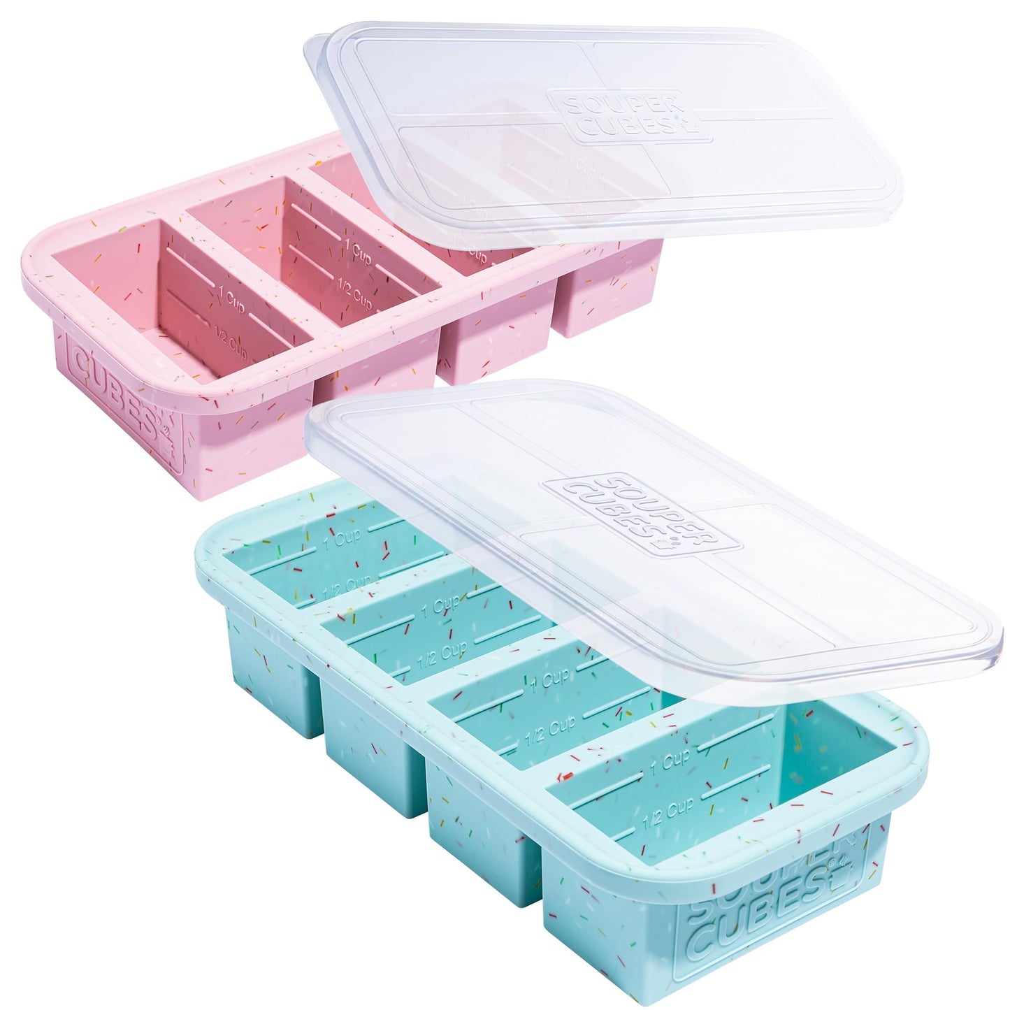 Souper Cubes 1 Cup Silicone Freezer Molds with Lids - Soup Cubes Freezer Tray with Lid - Perfect for Freezing Broth, Rice, Individual Portions, Meal Prepping and More - Sprinkles - 2-Pack