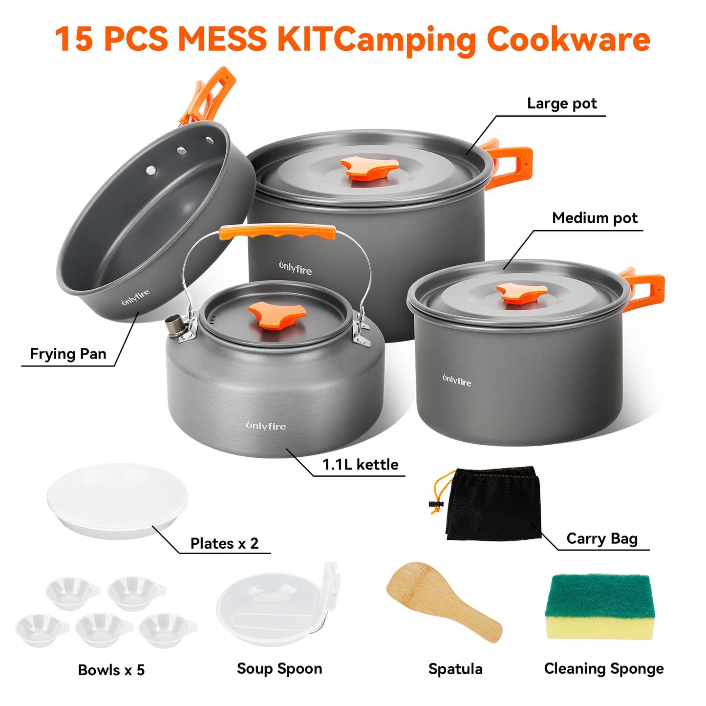 ONLYFIRE OUTDOOR LIVING14pcs Camping Cookware Set, Lightweight Nonstick Pots, Pan, Kettle, Utensils, Bowls, and Cleaning Tool with Mesh Bag for Camping Hiking Backpacking RV Tailgating Cooking, CT604