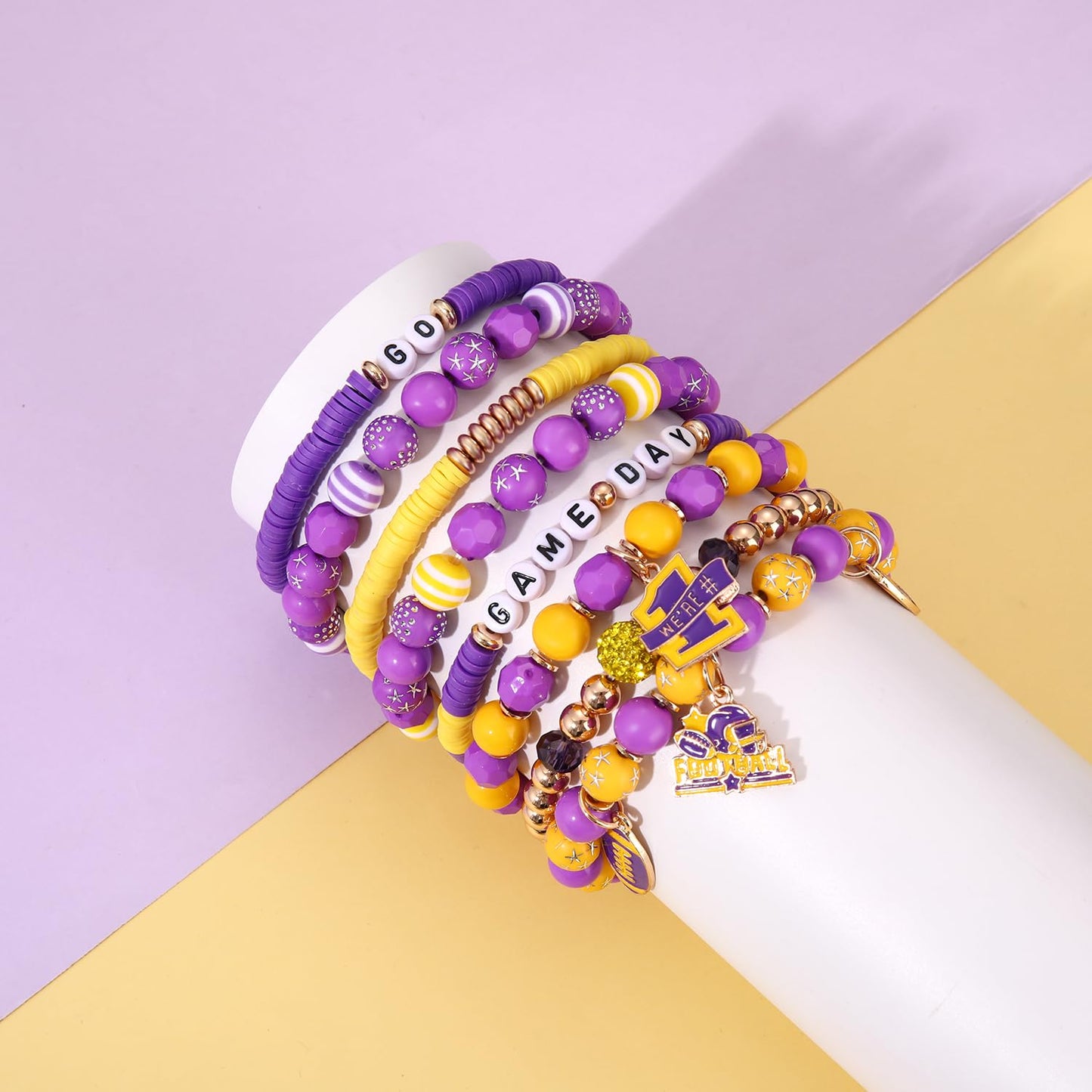 HSWE Game Day Beads for Bracelets Making Kit Heishi Clay Pearl Letter Assorted Round Bead Gold Spacer Beads Football Charms for DIY Bracelets Necklace Jewelry Making (Purple Yellow Game Day Kit)