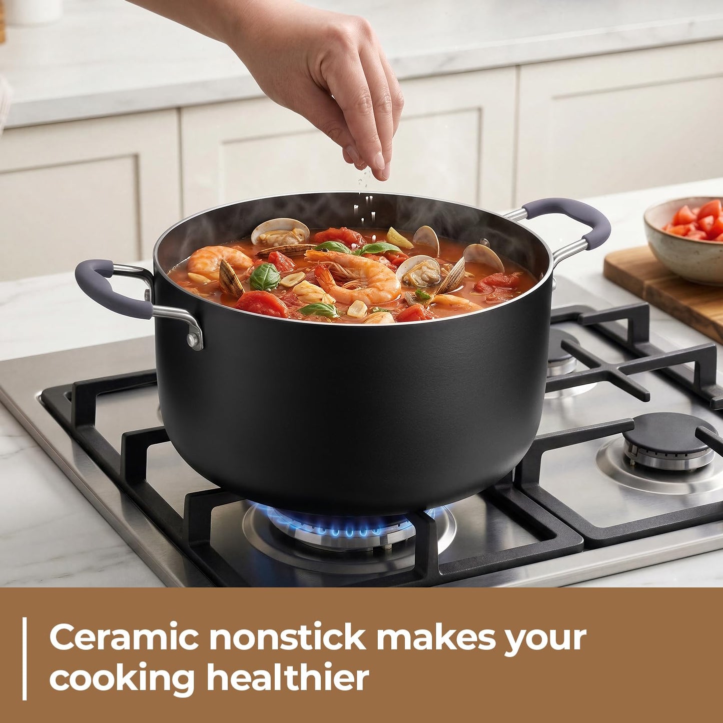 10 Quart Nonstick Stock Pot with Lid, Ceramic Soup Pot with Lid, Induction Cooking Pot with Silicone Handle for All Stoves, Healthy Non-toxic Cooking Pot for Stew/Pasta, PFAS & PFOA Free