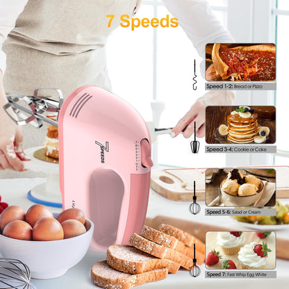 LILPARTNER Hand Mixer Electric, Ultra Power Kitchen Hand Mixer With 7-Speed & 5 Stainless Steel Accessories for Whipping Dough, Cream, Cake, Dishwasher Safe, Pink
