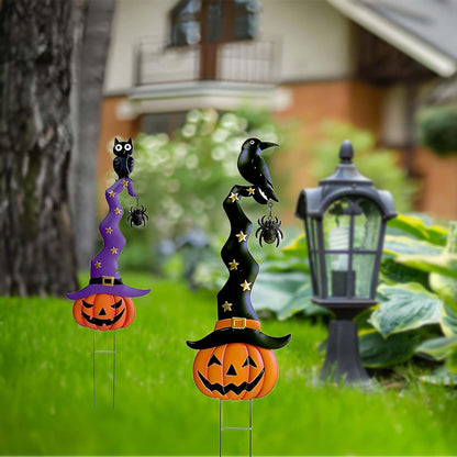 2 Pack Halloween/Thanksgiving Garden Decorations, Metal Jack-O-Lantern Stakes with Witch Hats, Scary Yard Sign Outdoor Lawn Decor, Metal Pumpkin Outdoor Halloween Yard Signs