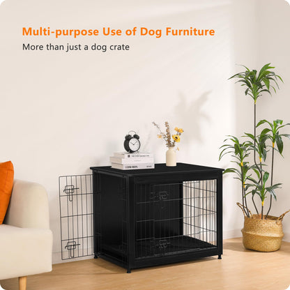 DWANTON Dog Crate Furniture with Cushion, Wooden Kennel Table with Double Doors, Indoor Dog House, Medium Size, 32.5" L, Black