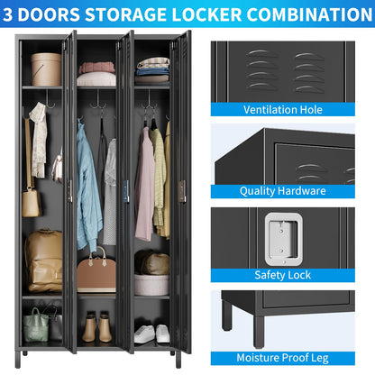 PioneerWorks 3-Door Metal Storage Locker with 9 Hooks, Heavy Duty Steel Locker for Gym, School, Office, Garage, Employee Locker Room, Home Organization, Black, Assembly Required