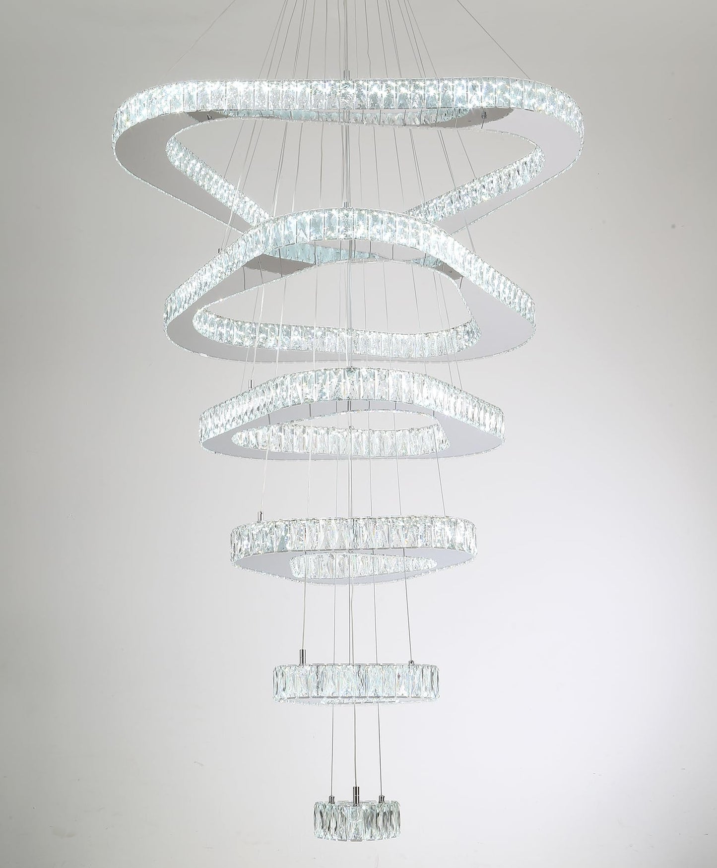 ykolupty H138 Modern Large Chandelier for High Ceiling 6-Rings Chandelier with LED Dimmable Crystal Ring Pendant Light High Ceiling Chandeliers for Living Room Foyer Entryway Silver Hanging Light