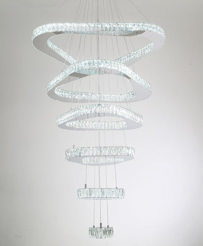 ykolupty H138 Modern Large Chandelier for High Ceiling 6-Rings Chandelier with LED Dimmable Crystal Ring Pendant Light High Ceiling Chandeliers for Living Room Foyer Entryway Silver Hanging Light
