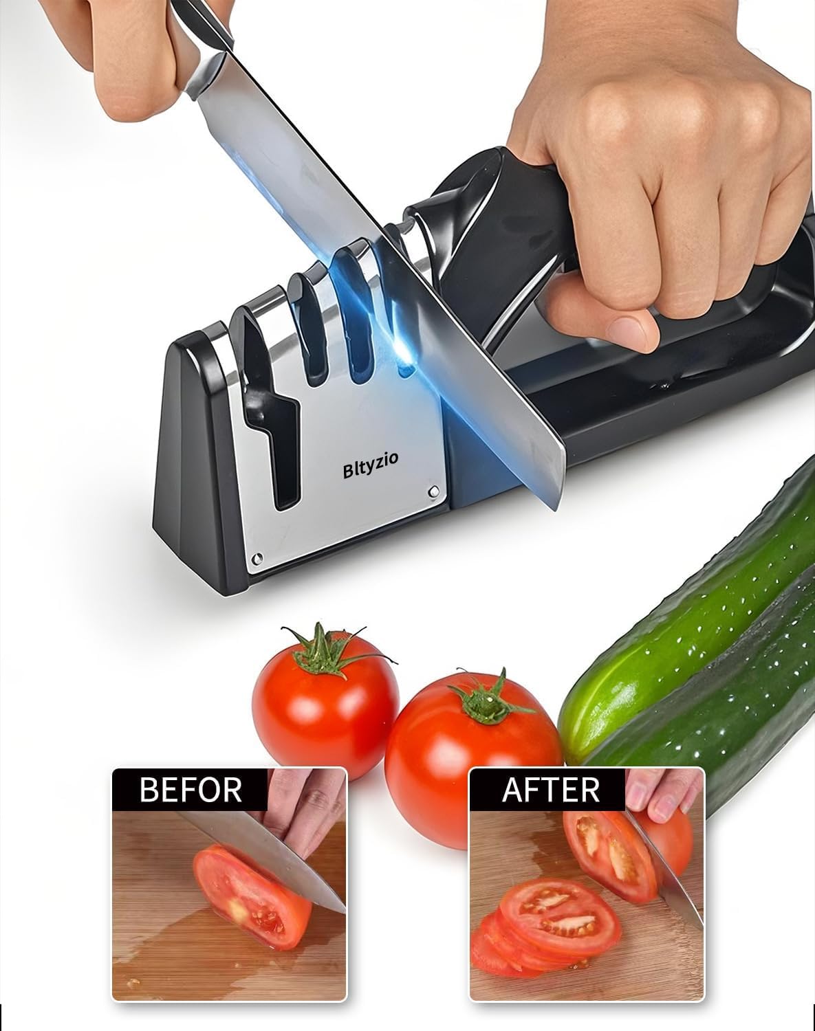 4-In-1 Manual Knife Sharpener for Kitchen Knives & Scissors, Professional Pull-Through Knife Sharpener with Tungsten Steel & Ceramic Slots, Non-Slip Base, Easy to Use for Chef Knives & Serrated Blades
