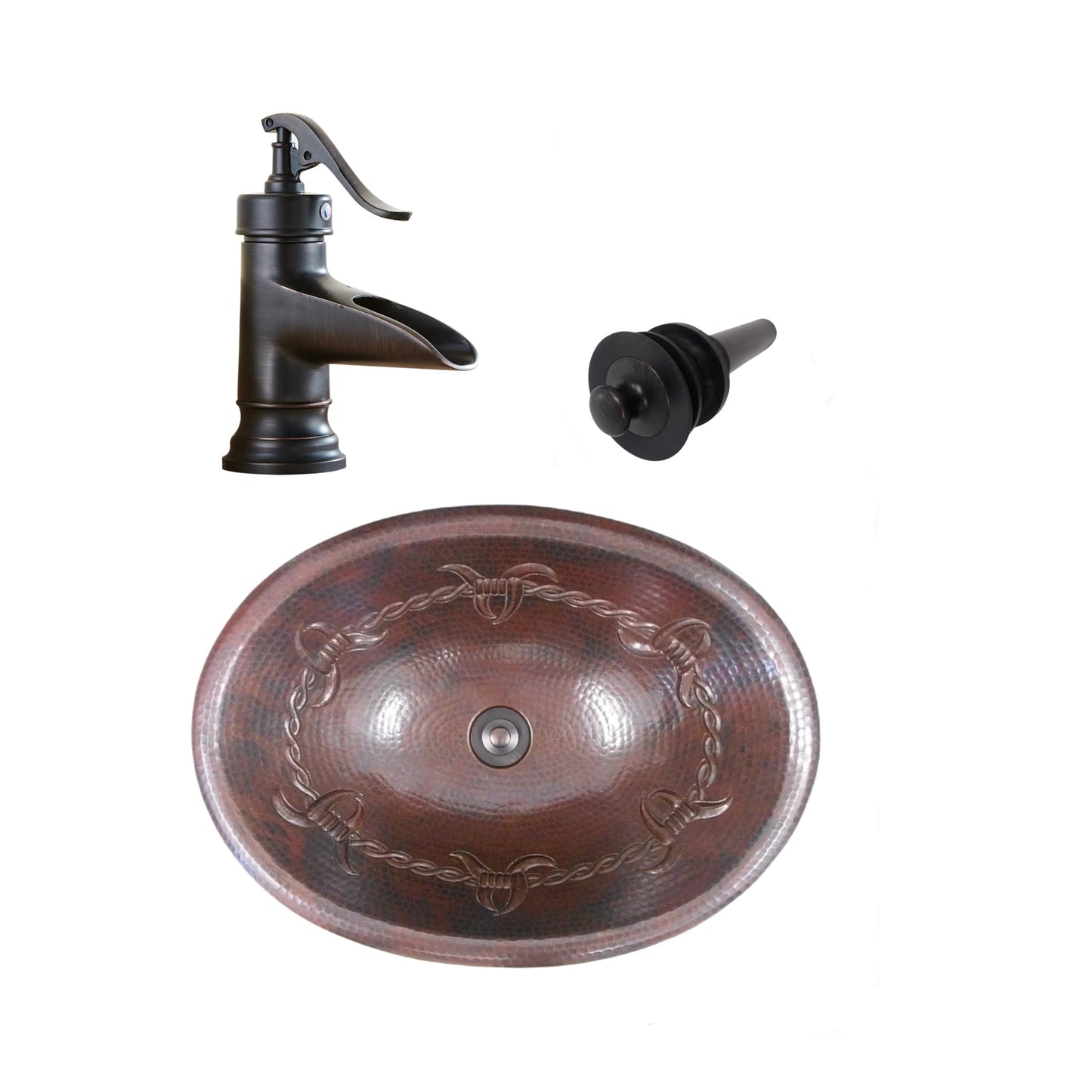 SimplyCopper 19" x 14" Oval Copper Bath Sink with Barbed Wire Design 7" Faucet and Lift & Turn Drain Included