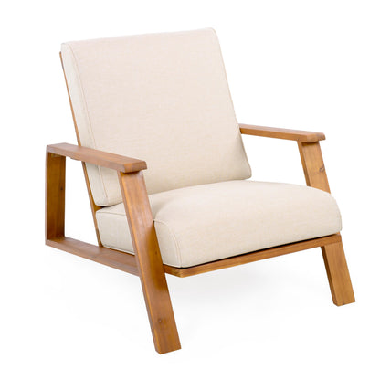 Christopher Knight Home Smeb Lounge Chair Outdoor with Cushions, Acacia Wood Adirondack Chair, Slatted Design Side Chair, Extra Seating for Balcony Backyard Poolside Garden, Teak + Beige