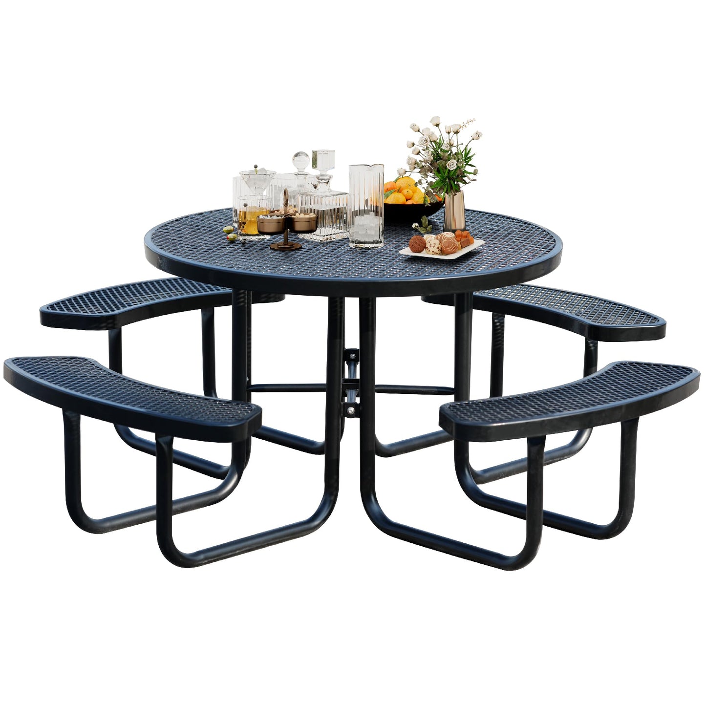Sunnibety 8-Person Picnic Tables for Outdoors, Industrial 46" Expanded Metal Round Picnic Table with 4 Benches & Umbrella Hole, Outside Table and Bench Set for Park, Garden, Backyard, Patio, Black