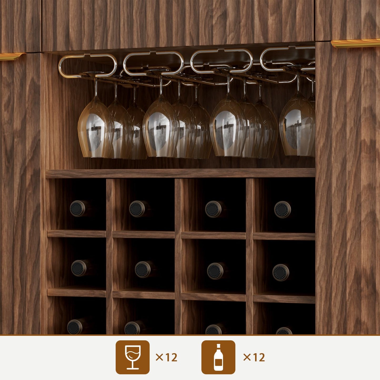 60" Wide Fluted Wine Bar Cabinet with 2 Side Cabinets, 3 Drawers, 4 Glass Holders & 12 Wine Racks, Modern Buffet Sideboard with Storage, 2 Door & 3 Drawer Buffet Sideboard for Kitchen, Dining Room