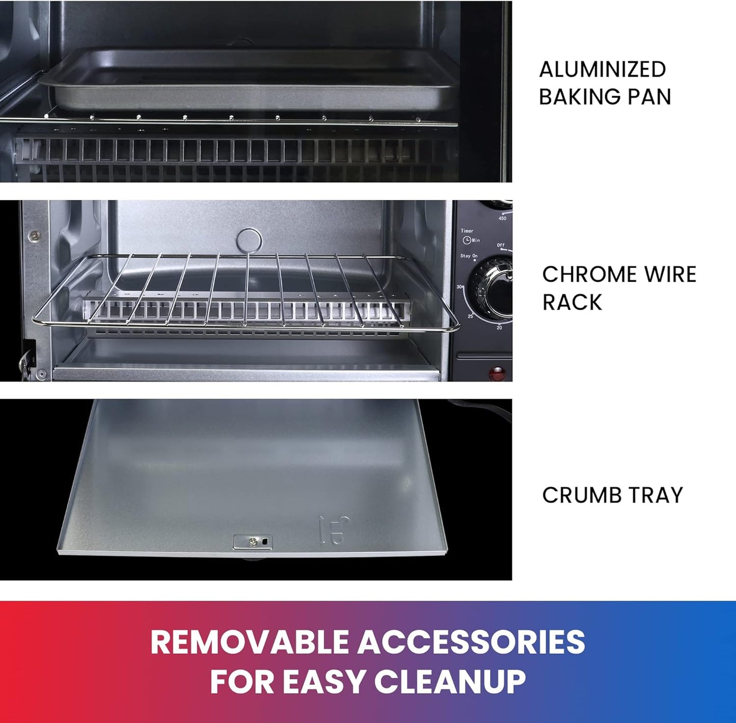 Total Chef 4 Slice Toaster Oven, Compact Kitchen Appliance for Pizza, Bake, Toast, Broil, Black and Stainless Steel