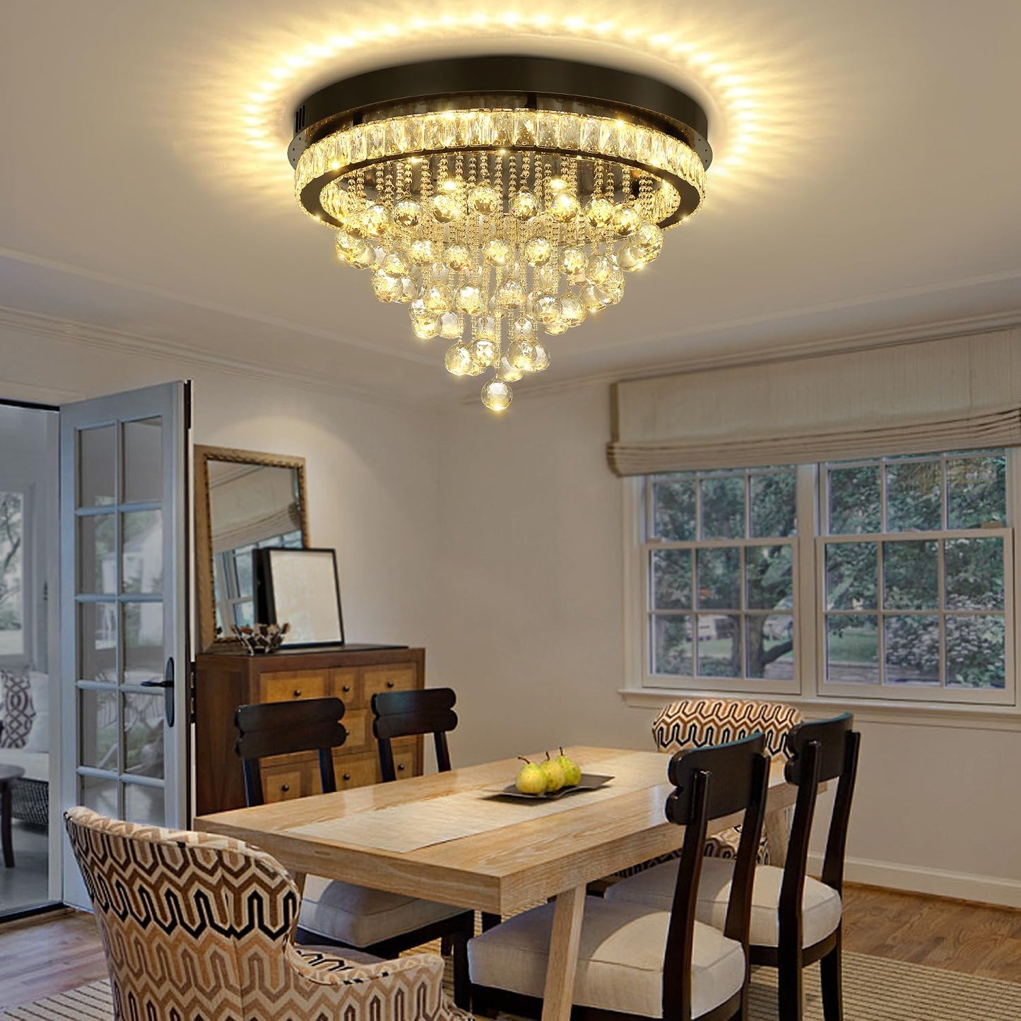 Shial Lighting Dia 24" Modern Crystal Chandeliers for Dining Room,Black Raindrop Chandelier Flush Mount Chandeliers for Living Room Bedrooms Dining Room Dimmable 2700k 4500k 6000k