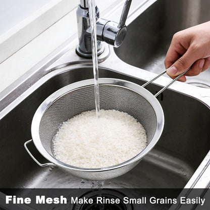 Tonbbow Large Fine Mesh Strainer with Sturdy Handle, 8.66” Stainless Steel Strainers, Bonus 20x20 Inch Reusable Cotton Cheese Cloths with 4 Hemmed Edges, Sieve Sifter for Straining, Cooking, Baking