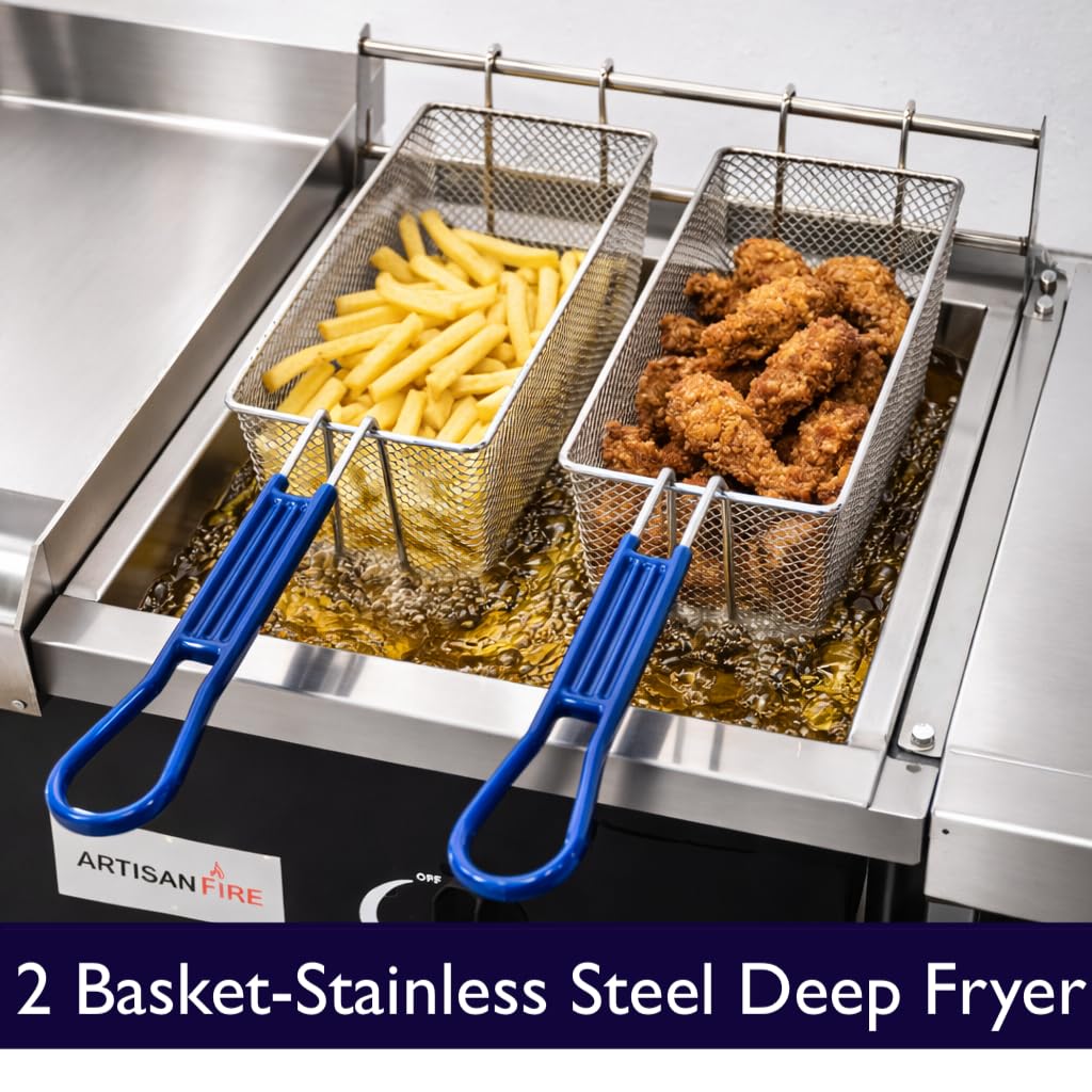 Stainless Steel Propane Deep Fryer and Griddle Grill-4 in 1-Deep Fryer-Steamers Food Warmers-Ideal for Burger Grill, Fries, and Chicken Wings Station-Taco Cart-With Hose & Regulator + Thermometer