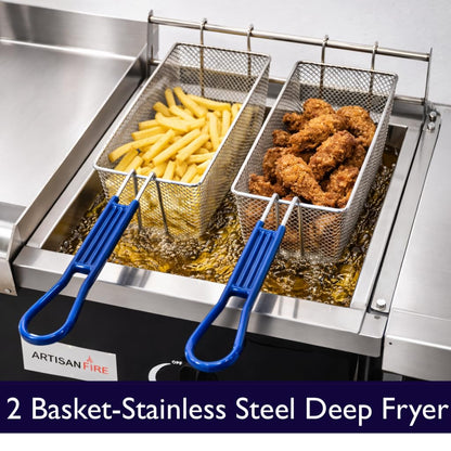 Stainless Steel Propane Deep Fryer and Griddle Grill-4 in 1-Deep Fryer-Steamers Food Warmers-Ideal for Burger Grill, Fries, and Chicken Wings Station-Taco Cart-With Hose & Regulator + Thermometer