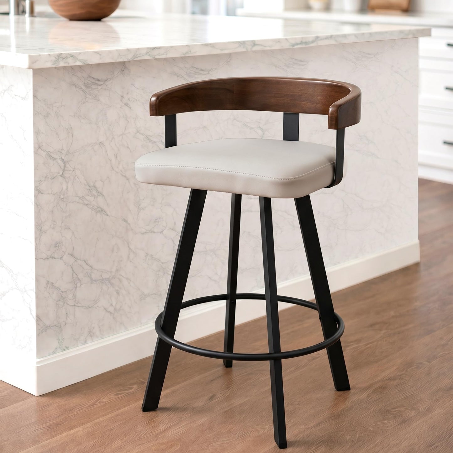 FORSPARK 350 lbs Capacity Bar Stools with Back and Cushion 26" Swivel Counter Height Bar Stools with Solid Wood Back Modern Kitchen Island Chairs with Metal Frame 360°Barstools Dining Room Grey Black