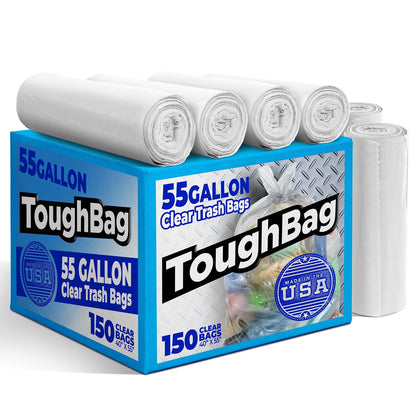 ToughBag 55 Gallon Clear Trash Bags (150 COUNT) – Large Clear Trash Bags 55-60 Gallon Heavy Duty Can Liners - Made in USA