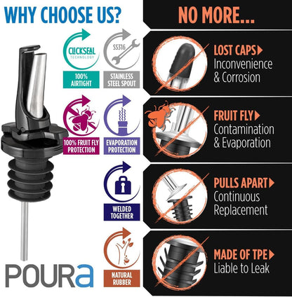 3-in-1 Liquor Pour Spout | Olive Oil Spout with Built-in Caps for Optimal Fly and Dust Protection - Dishwasher Safe, Hygienic Alcohol Speed Spouts - Black 2 PCs with 2 Adapters for Large Neck Bottles