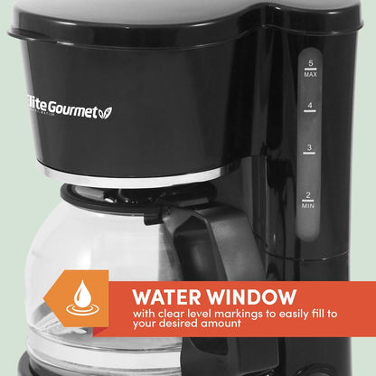 Elite Gourmet EHC-5055# Automatic Brew & Drip Coffee Maker, Black, with Reusable Filter & Water Level Indicator