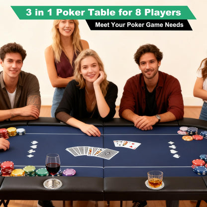 LaiSeeCian 8 Players Foldable Poker Table with Cup Holders, Collapsible Texas Holdem Poker Table with Reversible Game Mat, Suitable for Home Party, Casino, Poker Night, etc.