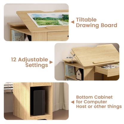 GatherHome Drafting Table with Storage Cabinet & Drawers, Adjustable Drawing Table with Open Shelves, Craft Art Desk for Artists, Painters, Drawing, Crafting, Reading, Writing, Working