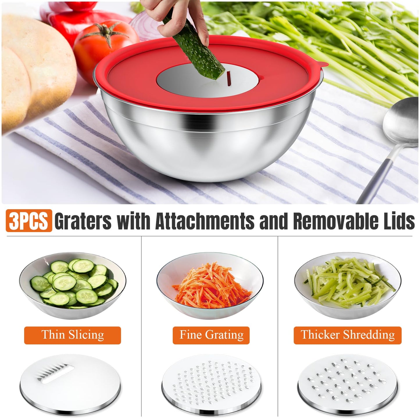 ENVTEK Mixing Bowls with Lids Set, 7 PCS Stainless Steel Mixing Bowls with 3 Grater Attachments, Size 4.5, 4, 3.5, 2.1, 1.5, 1.1, 0.7QT, Ideal for Kitchen Cooking Baking & Serving