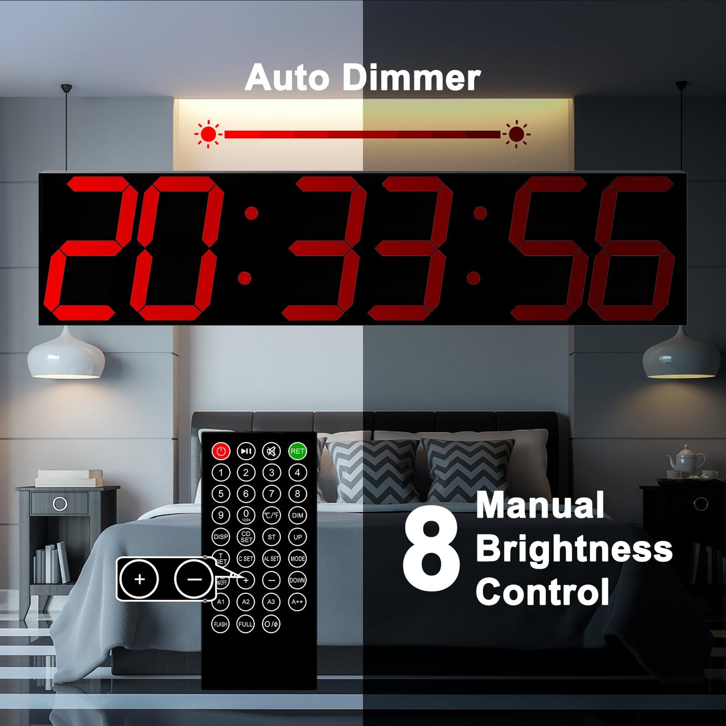 CHKOSDA Digital Wall Clock, Oversize Led Digital Clock Large Display with Auto Dimmer, Huge Countdown Timer with Remote Control, 27" Wide Led Display, 6 Digits, Wall Mount, Date and Temperature (Red)
