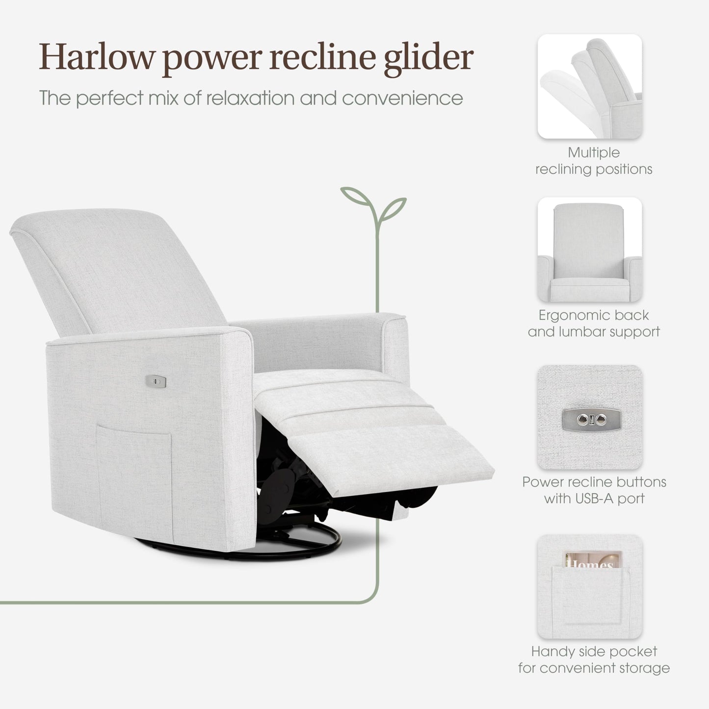 Evolur Harlow Upholstered Power Glider Recliner with USB Charging – Rocking & 275° Swivel with Smooth Glide – Greenguard Gold & FSC Certified – Modern Nursery and Living Room Chair in Fog