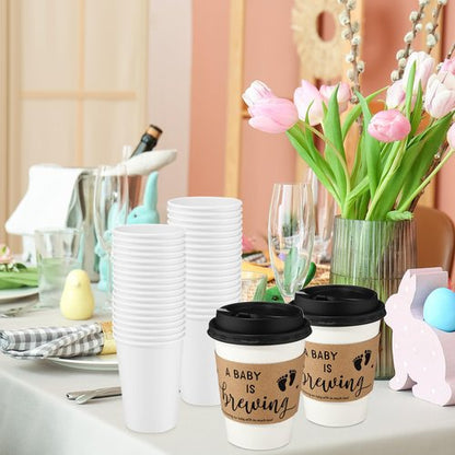 Jingmore 50 Sets Baby Shower Coffee Party Favors for Guests A Babys is Brewing Coffee Cup with Lids Sleeves Disposable Paper Cup Tea Party Supplies for Hot Iced Juice or Tea (12 oz)